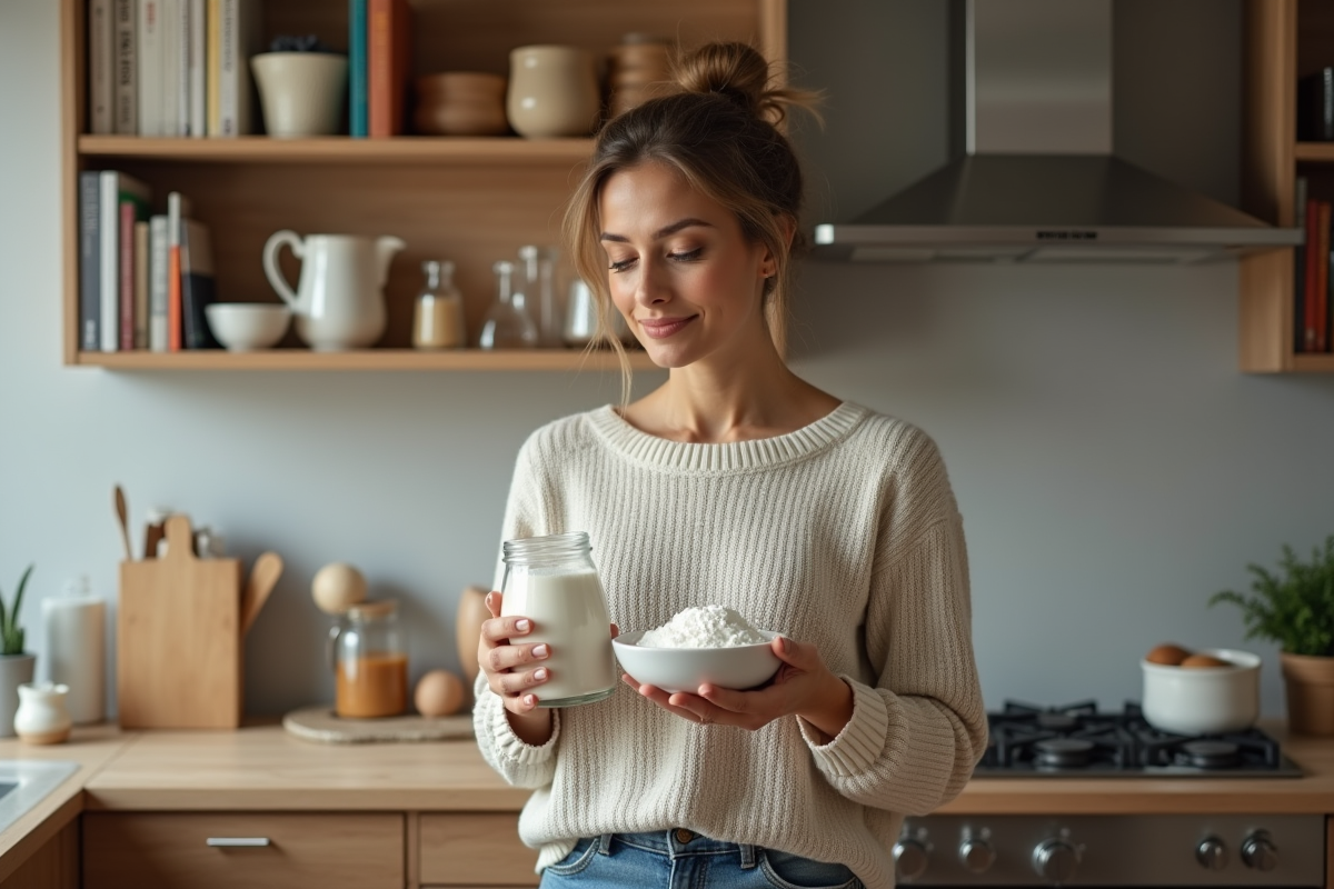Femme dans la cuisine tenant un pot de maïzena et un bol d'alternatives