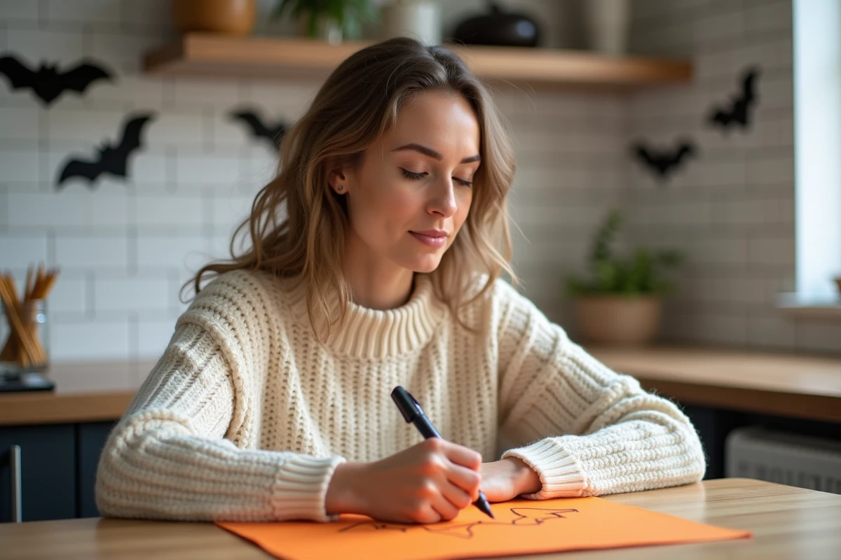 Femme dessinant une chauve-souris en papier orange pour une guirlande Halloween faite main dans une cuisine moderne