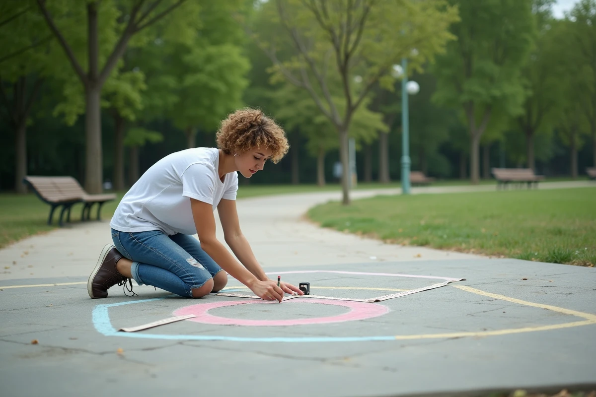 Jeune femme dessinant des formes geometriques en plein air