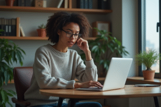 Jeune femme pensante devant un ordinateur avec chat AI