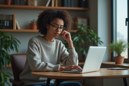 Jeune femme pensante devant un ordinateur avec chat AI