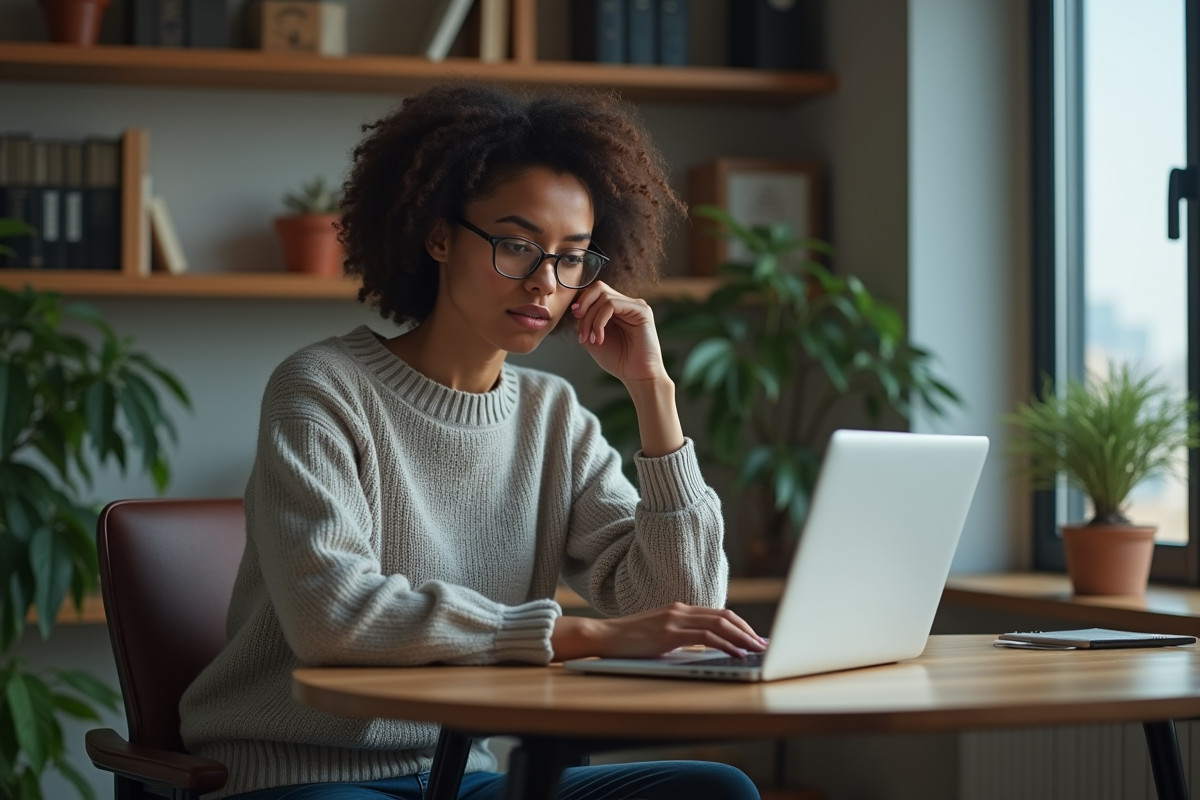 Jeune femme pensante devant un ordinateur avec chat AI