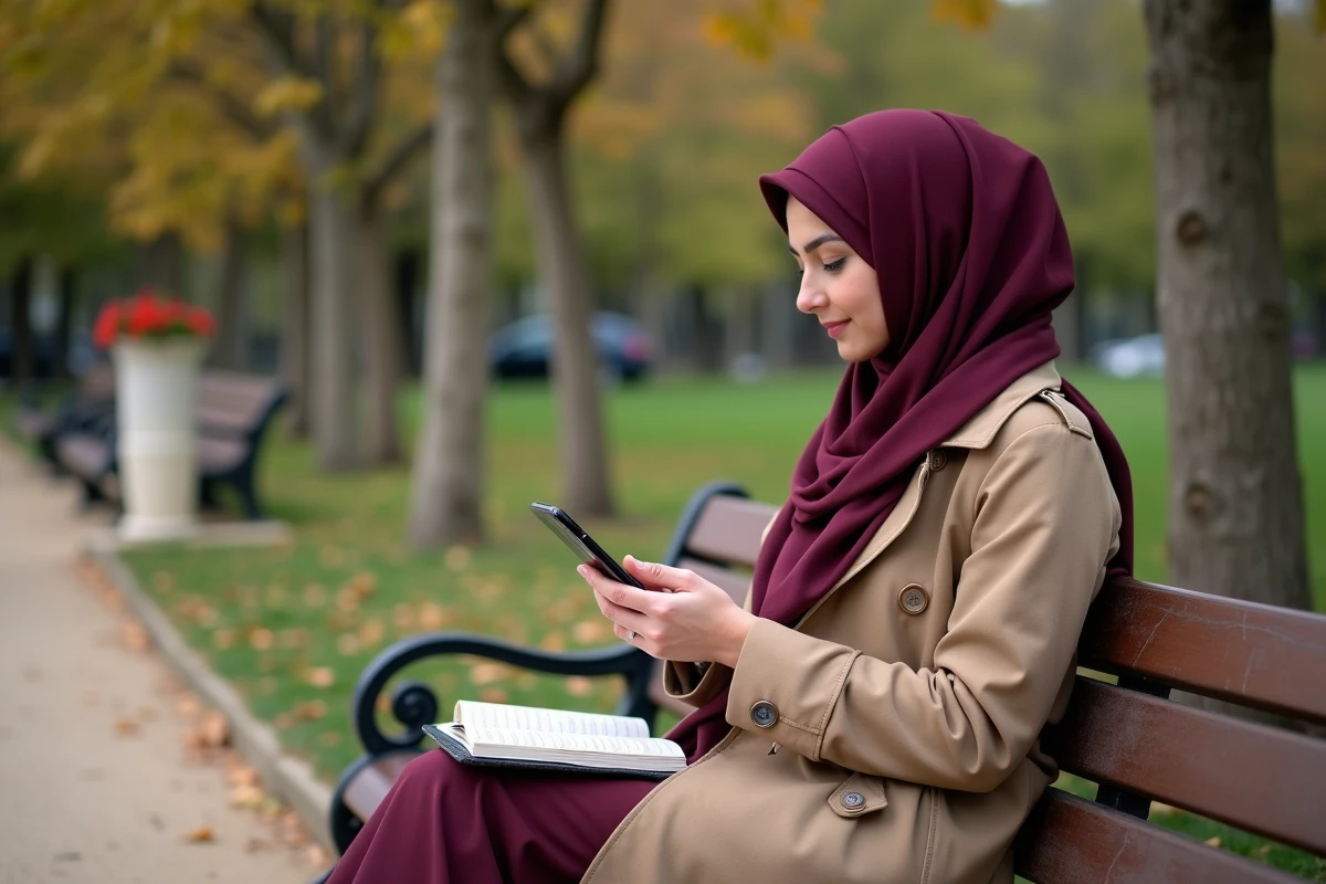 Femme musulmane consultant les horaires de prière sur son téléphone dans un jardin public parisien en automne