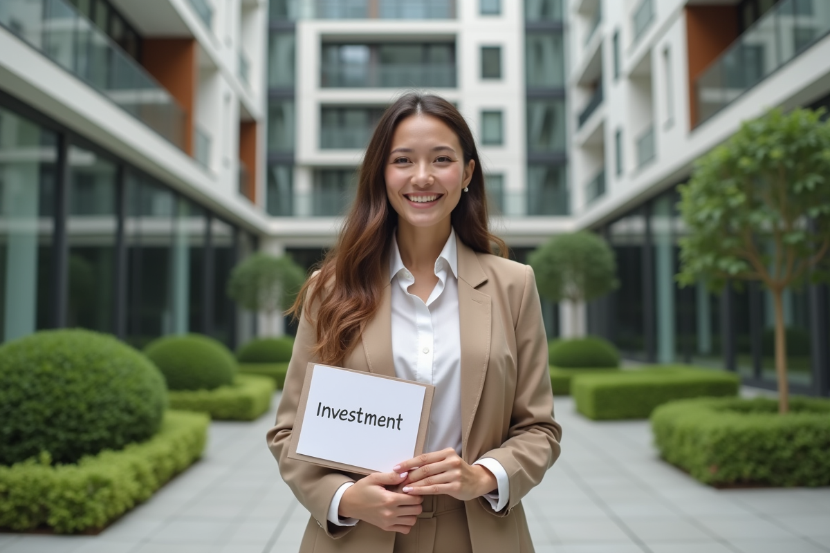 Femme souriante tenant un portfolio devant un immeuble moderne