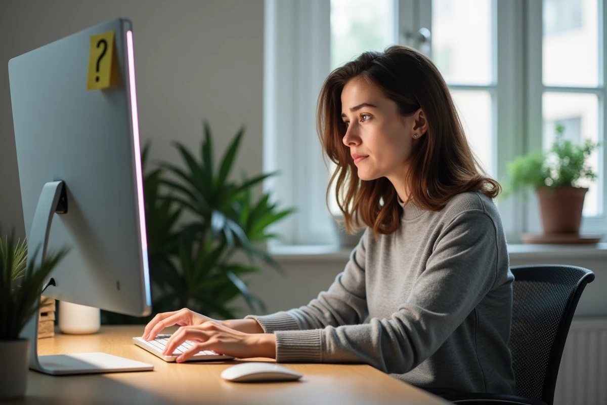 Femme inquiète devant son ordinateur après avoir visité un site de scantrad illégal, risques pour la sécurité informatique personnelle