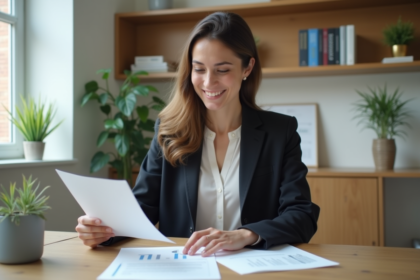 Femme souriante en bureau étudiant des documents immobiliers