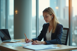 Femme professionnelle en bureau examinant des portefeuilles immobiliers