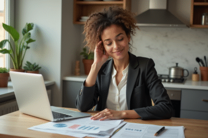 Jeune femme en blazer examine documents de mortgage
