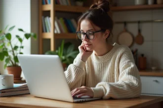 Femme concentrée jouant à un jeu de mots sur son ordinateur portable