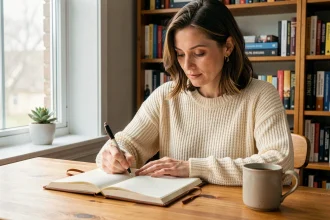 Femme écrivant dans un journal personnel à son bureau, symbole de développement personnel et de prise de conscience