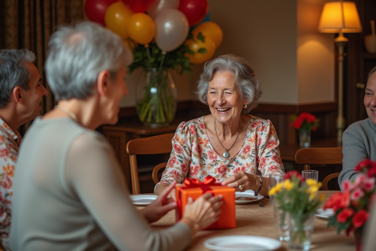 Femme souriante recevant un cadeau lors d'un anniversaire entre amis