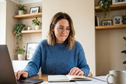 Femme concentrée travaillant sur son ordinateur à domicile