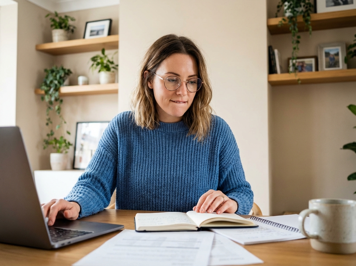 Femme concentrée travaillant sur son ordinateur à domicile