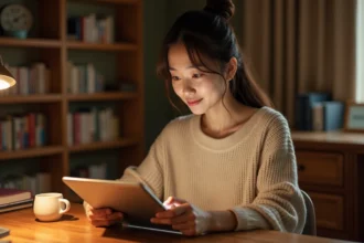 Jeune femme lisant un manga BL légalement sur tablette dans un bureau à domicile chaleureux