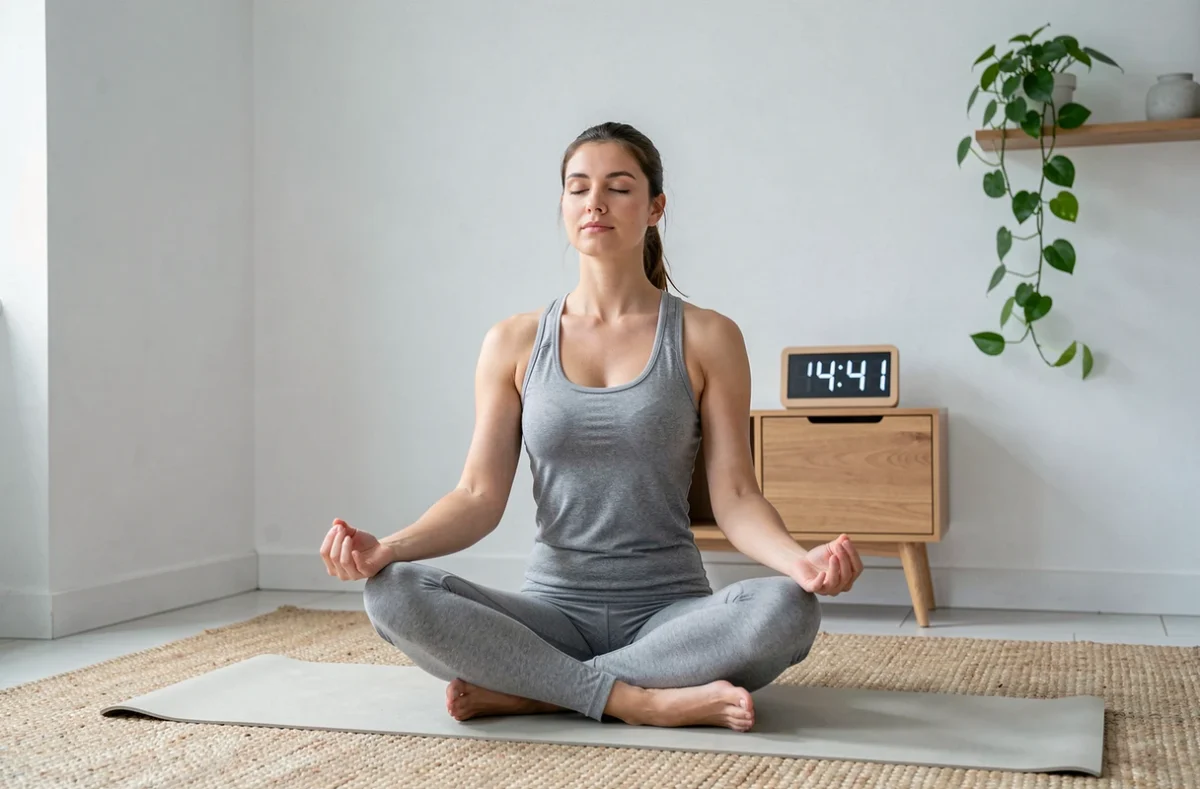 Jeune femme en méditation dans un appartement minimaliste avec horloge affichant 14h41, illustration du développement personnel et de la pleine conscience