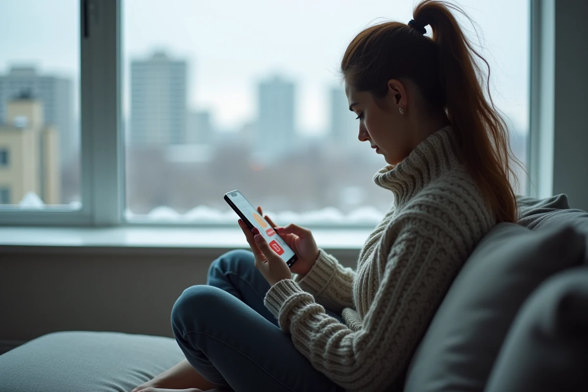 Jeune femme à Montréal vérifiant le décalage horaire avec Sydney sur son smartphone depuis son salon