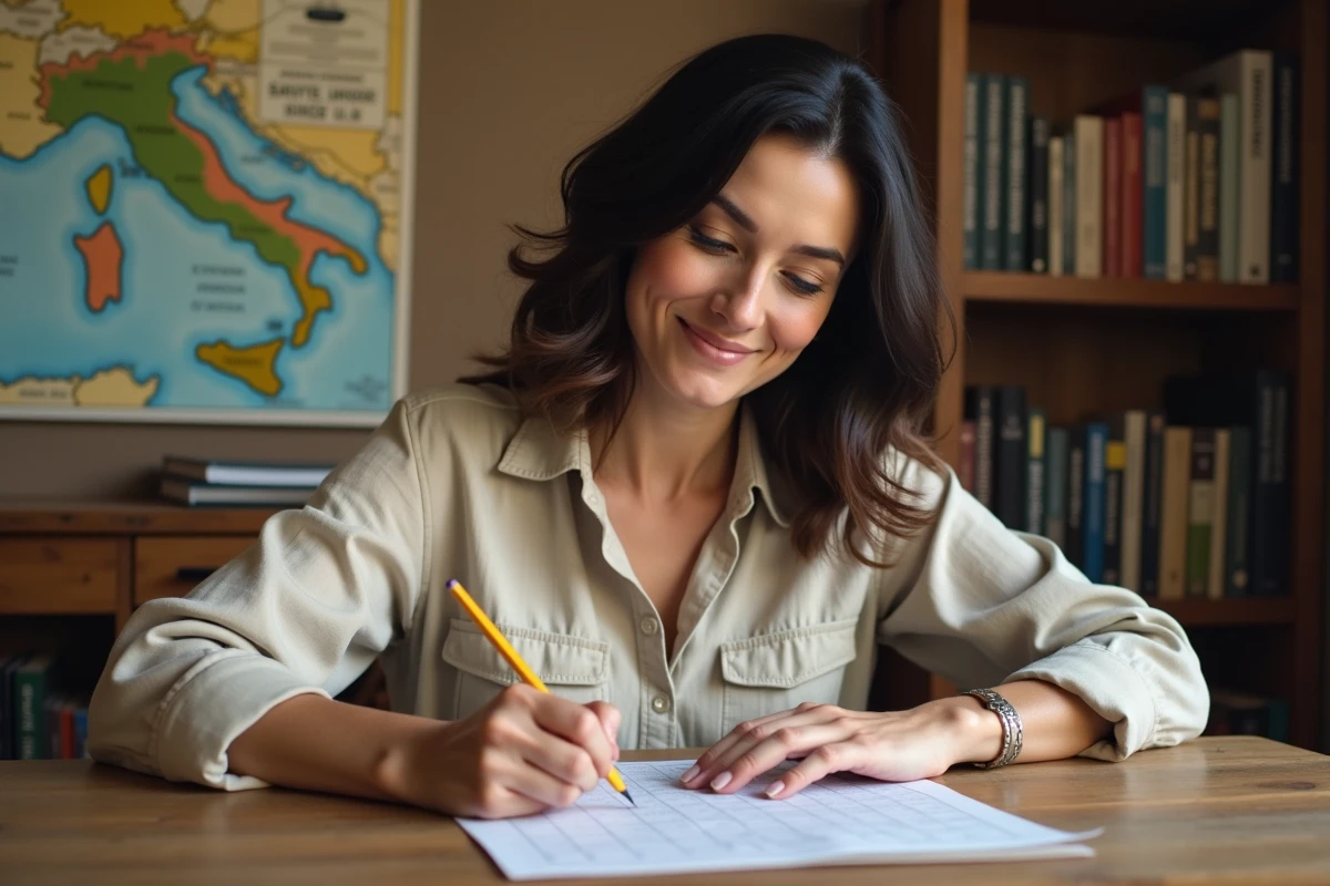 Femme résolvant des mots fléchés sur les villes italiennes assise à un bureau avec carte d'Italie vintage au mur