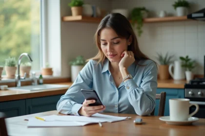 Jeune femme à la cuisine avec smartphone et notes