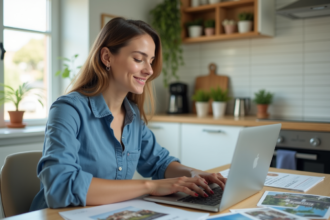 Jeune femme souriante devant son ordinateur dans un appartement lumineux