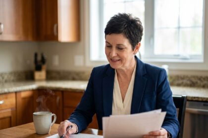 Femme d'âge moyen dans une cuisine moderne avec documents
