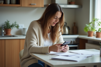 Femme organisée à la maison avec documents et smartphone