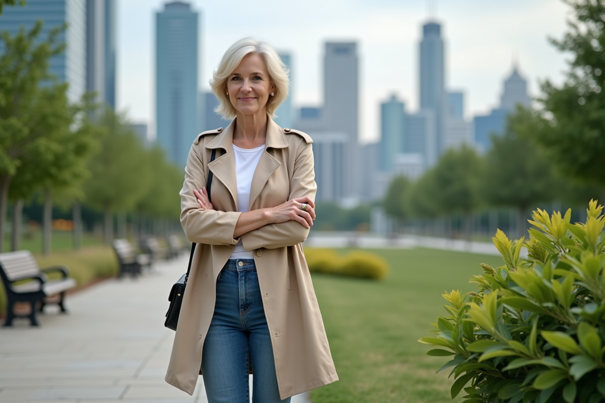 Femme souriante dans un parc urbain avec vue sur la ville