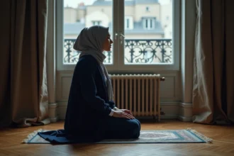 Femme musulmane en hijab gris faisant sa prière dans un appartement parisien avec vue sur les toits haussmanniens