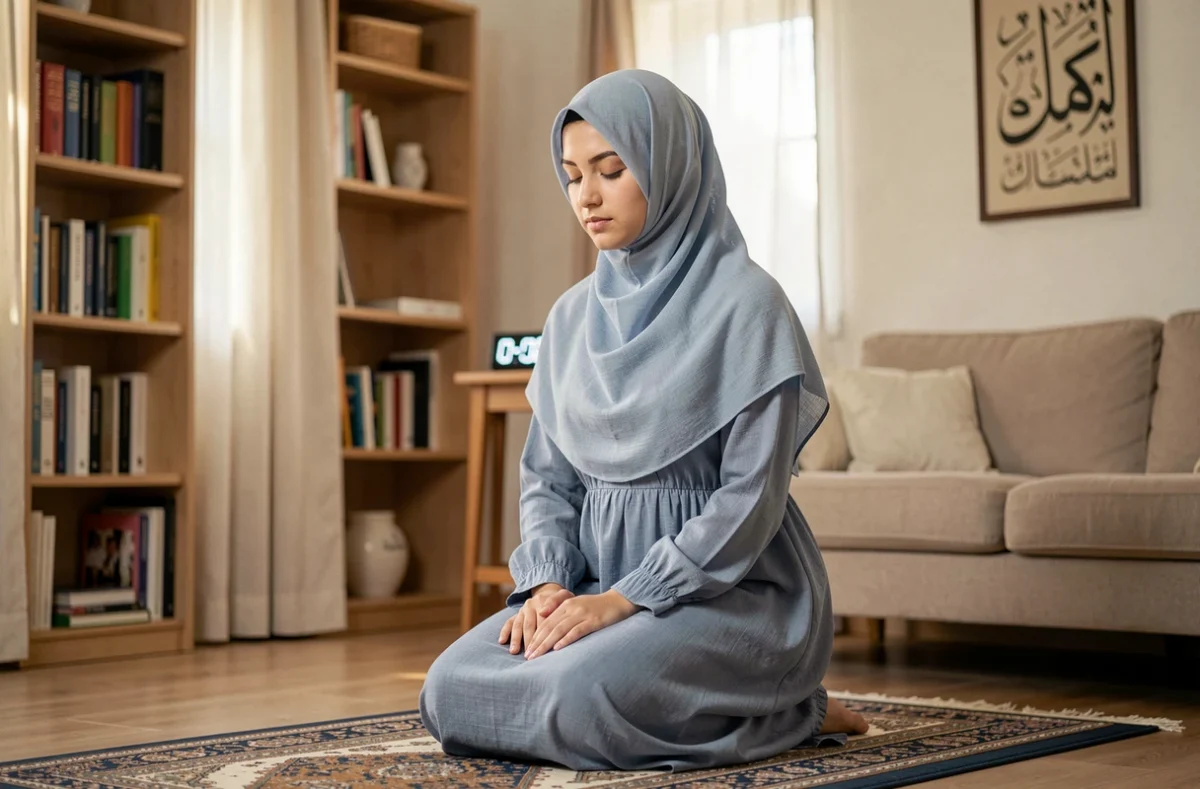 Femme musulmane en prière sur son tapis de prière dans un appartement à Sarcelles