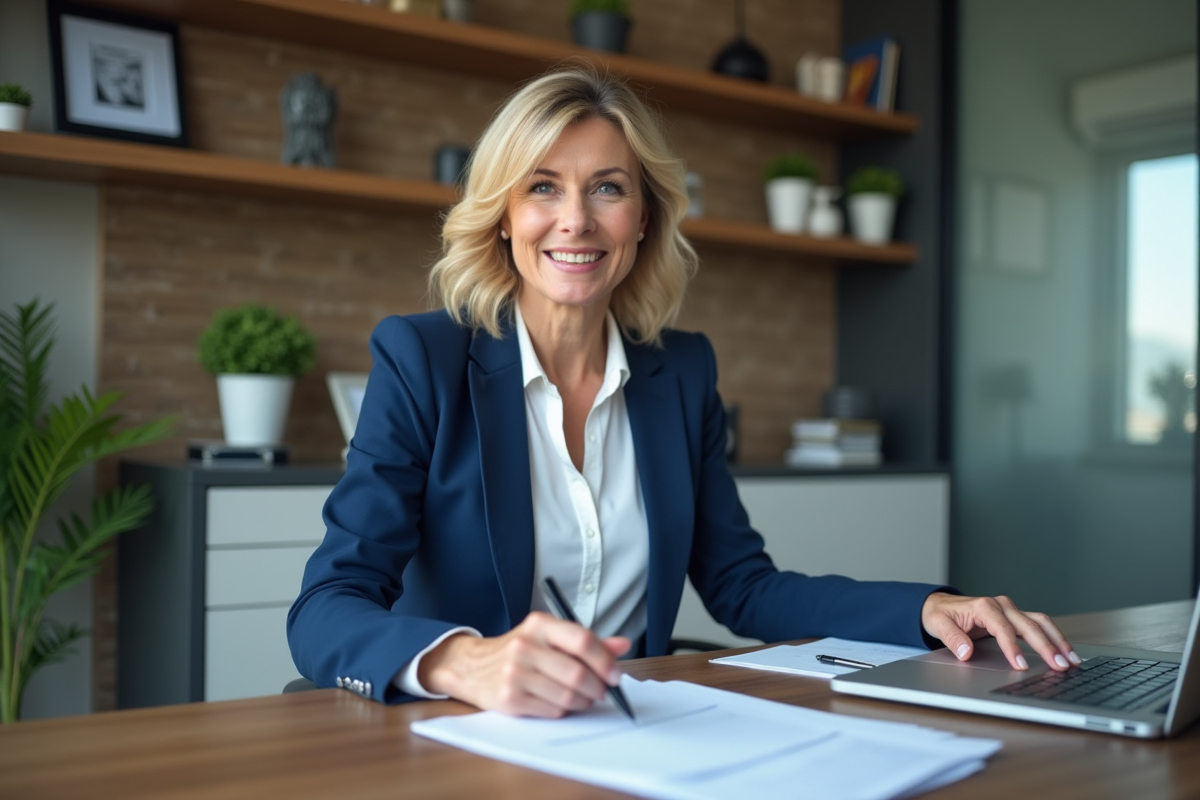Femme professionnelle en blazer bleu examinant des documents de prêt immobilier
