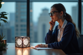 Jeune femme observant un cube quantique dans un bureau moderne