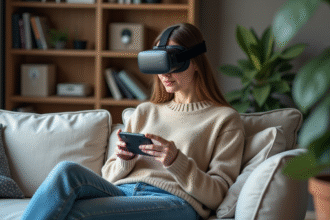 Jeune femme en salon avec casque de réalité virtuelle