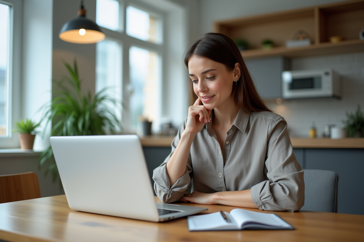 Femme en intérieur recherchant des annonces immobilières