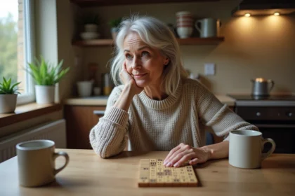 Femme d'âge moyen jouant au Scrabble dans la cuisine