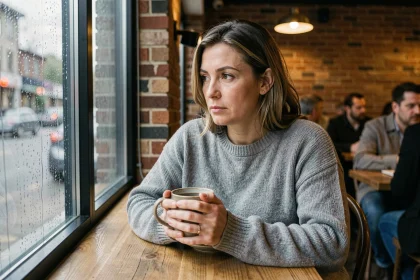 Femme seule pensive dans un café sous la pluie, illustrant la solitude intérieure et la tristesse silencieuse