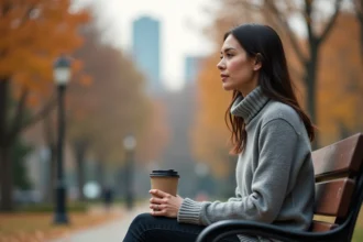 Femme seule assise sur un banc dans un parc en automne, tenant un café, regard pensif illustrant l'amour non réciproque