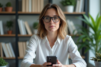Femme d'âge moyen portant des lunettes connectées dans un bureau lumineux