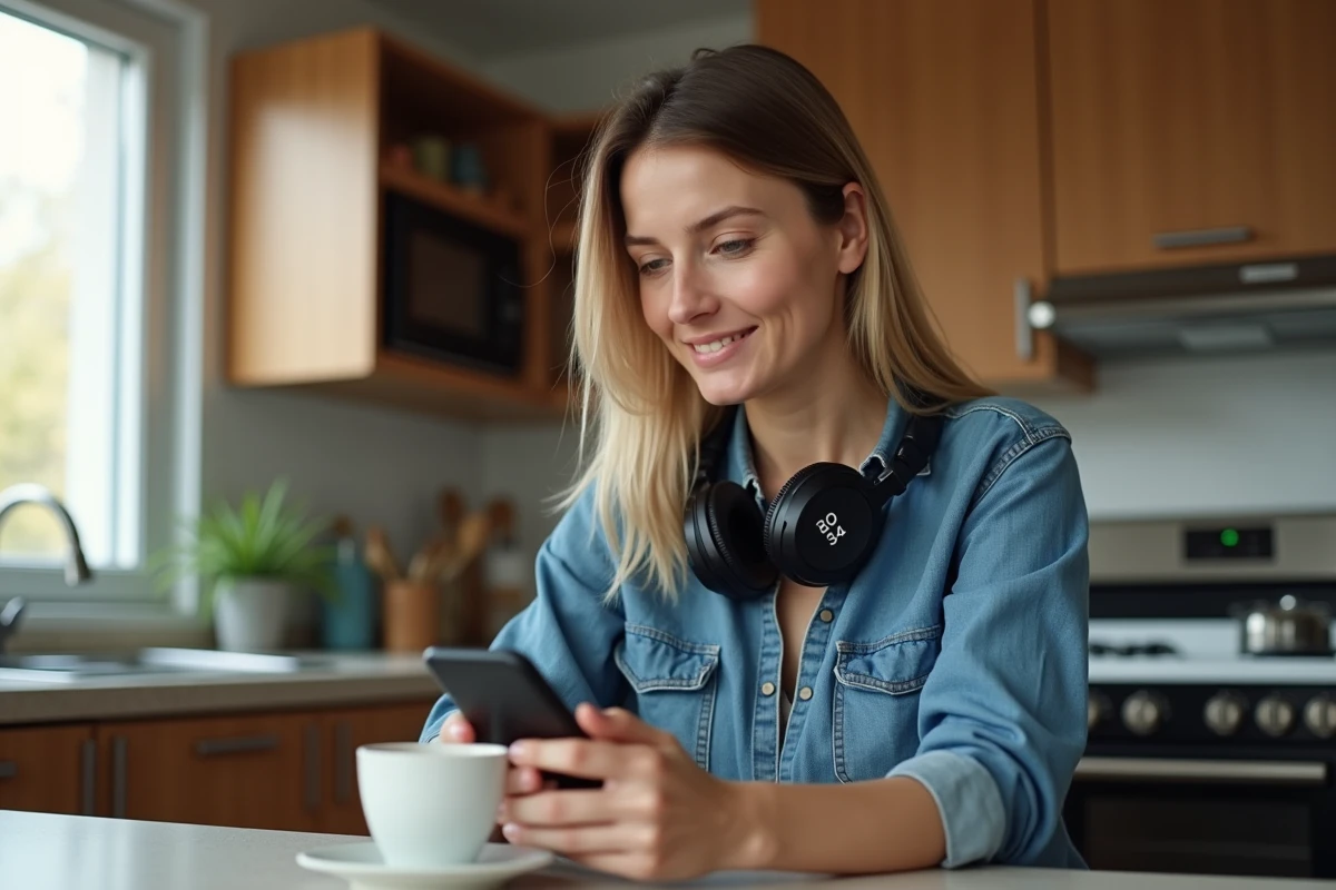 Femme en denim avec casque tenant son smartphone affichant le code 34