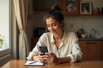 Femme algérienne consultant l'indicatif téléphonique de l'Algérie sur son smartphone depuis son domicile