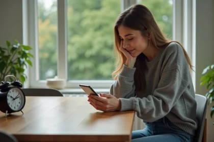 Jeune femme dans la cuisine avec smartphone et horloge