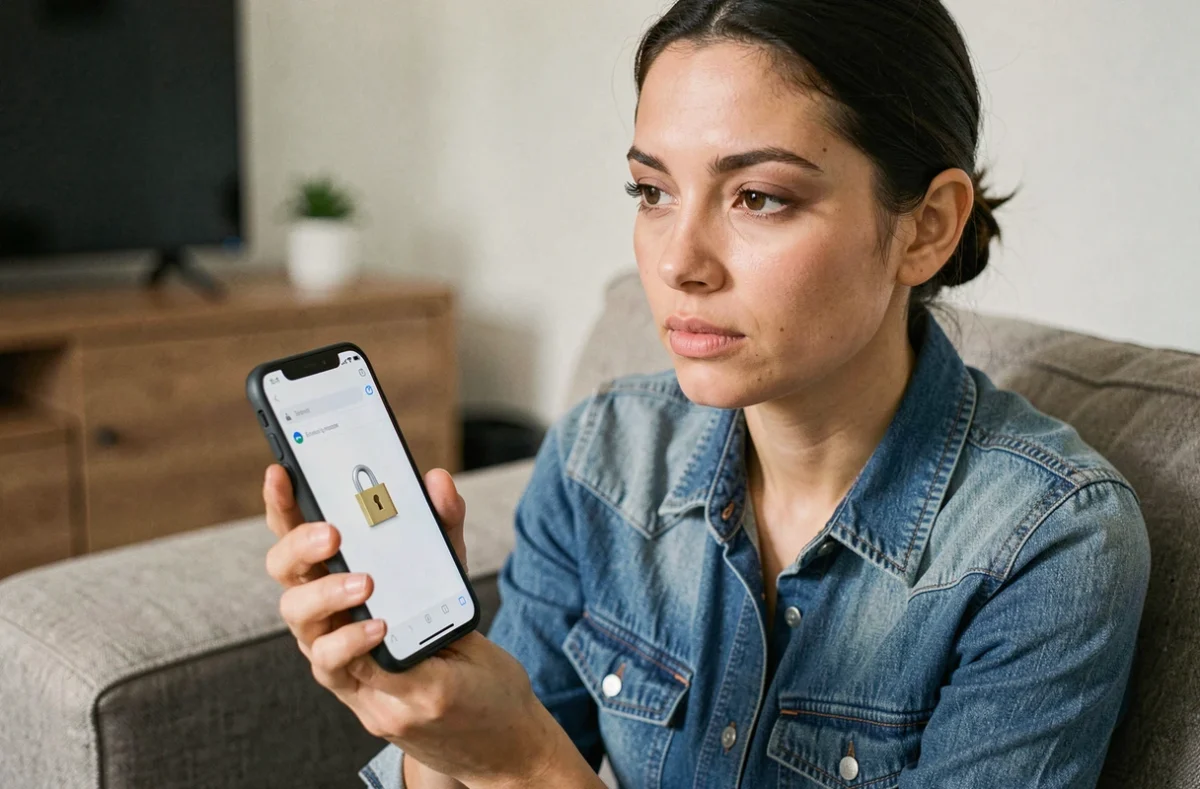Femme consultant son smartphone pour trouver un accès sécurisé à un site de streaming sans arnaque