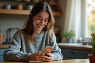 Femme cherchant une solution à un jeu de mots 4 Images 1 Mot sur son smartphone dans une cuisine chaleureuse