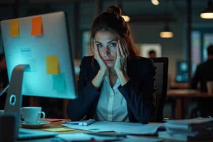 Femme stressée devant un ordinateur portable la nuit, illustrant le burn-out digital au bureau