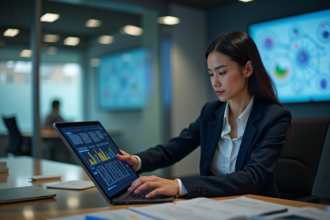 Femme analysant un registre blockchain sur une tablette