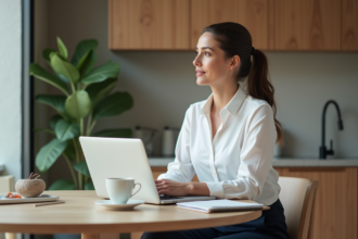 Femme en blouse blanche et pantalon navy dans une cuisine moderne