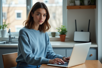 Jeune femme travaillant sur un laptop dans une cuisine moderne