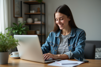 Jeune femme au bureau à domicile travaillant sur son ordinateur