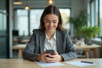 Femme au bureau utilisant son smartphone dans un espace moderne