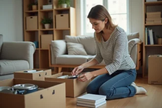 Femme en train de trier des objets dans un appartement lumineux