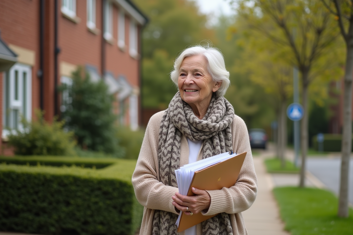 Femme âgée marche dans un quartier résidentiel avec dossier immobilier
