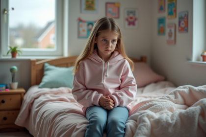 Jeune fille de 10 ans assise sur son lit dans une chambre chaleureuse